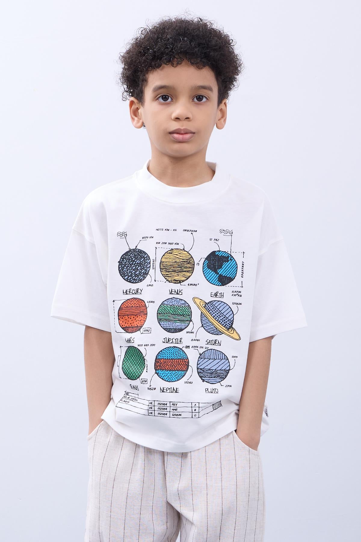 %100 pamuk ikili gezegen baskili tişört - ikili erkek çocuk oversize tişört ekru/haki - Justyol