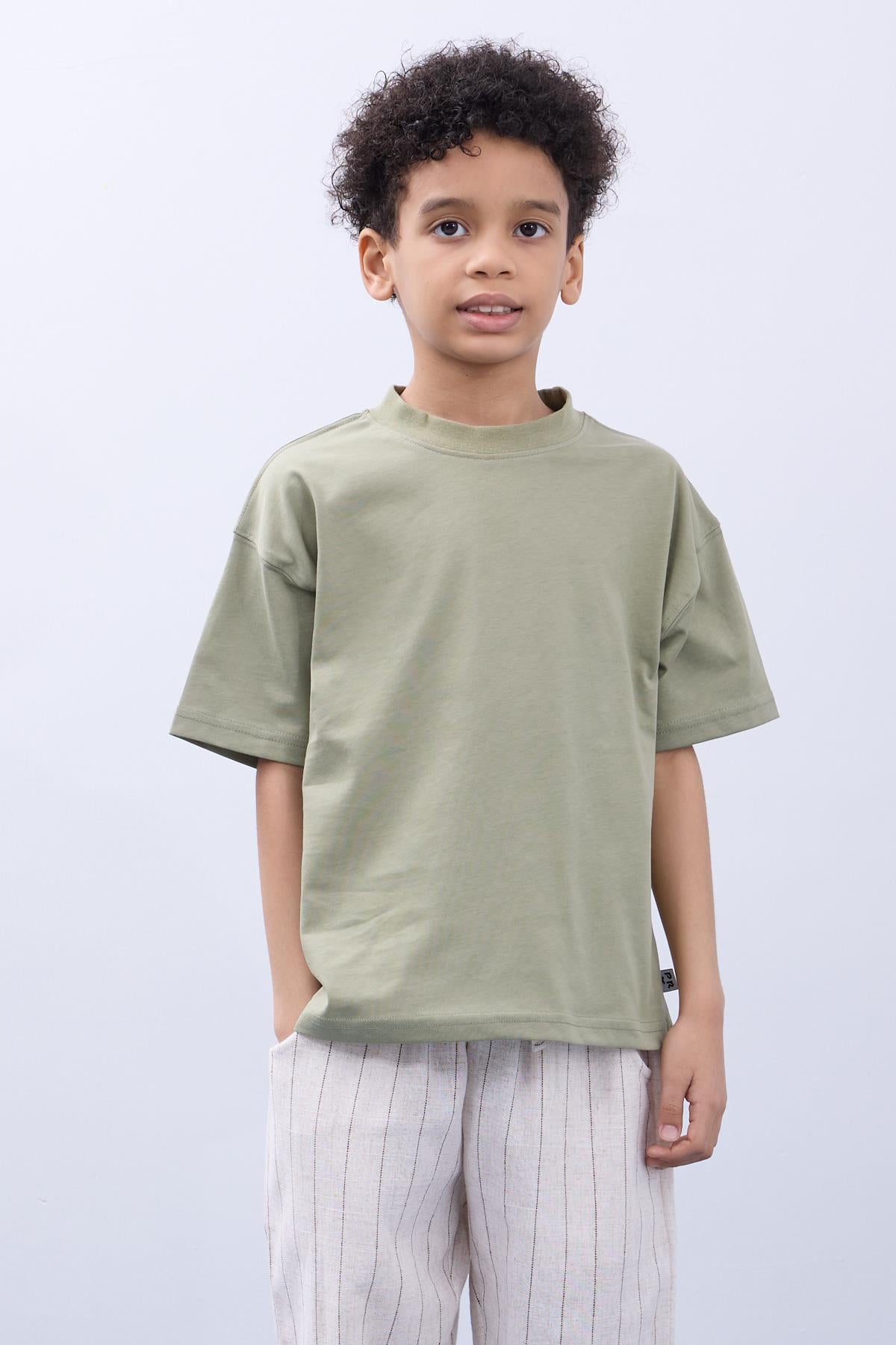%100 pamuk ikili gezegen baskili tişört - ikili erkek çocuk oversize tişört ekru/haki - Justyol