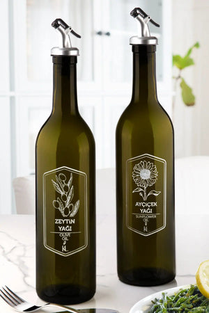 Ahşap Standlı Amber 2'li 750 Ml Zeytinyağı Sıvıyağ Şişesi - Ahşap Altlıklı Etiketli Cam Yağlık Seti - Justyol