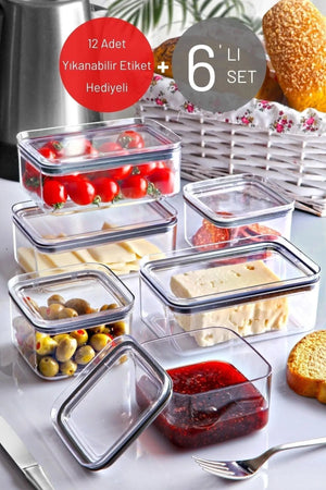 6'lı Set Silikon Conta Kapaklı Etiketli Kahvaltı & Çerezlik Takımı X3 0,75 Lt / X3 0,5 Lt - Justyol