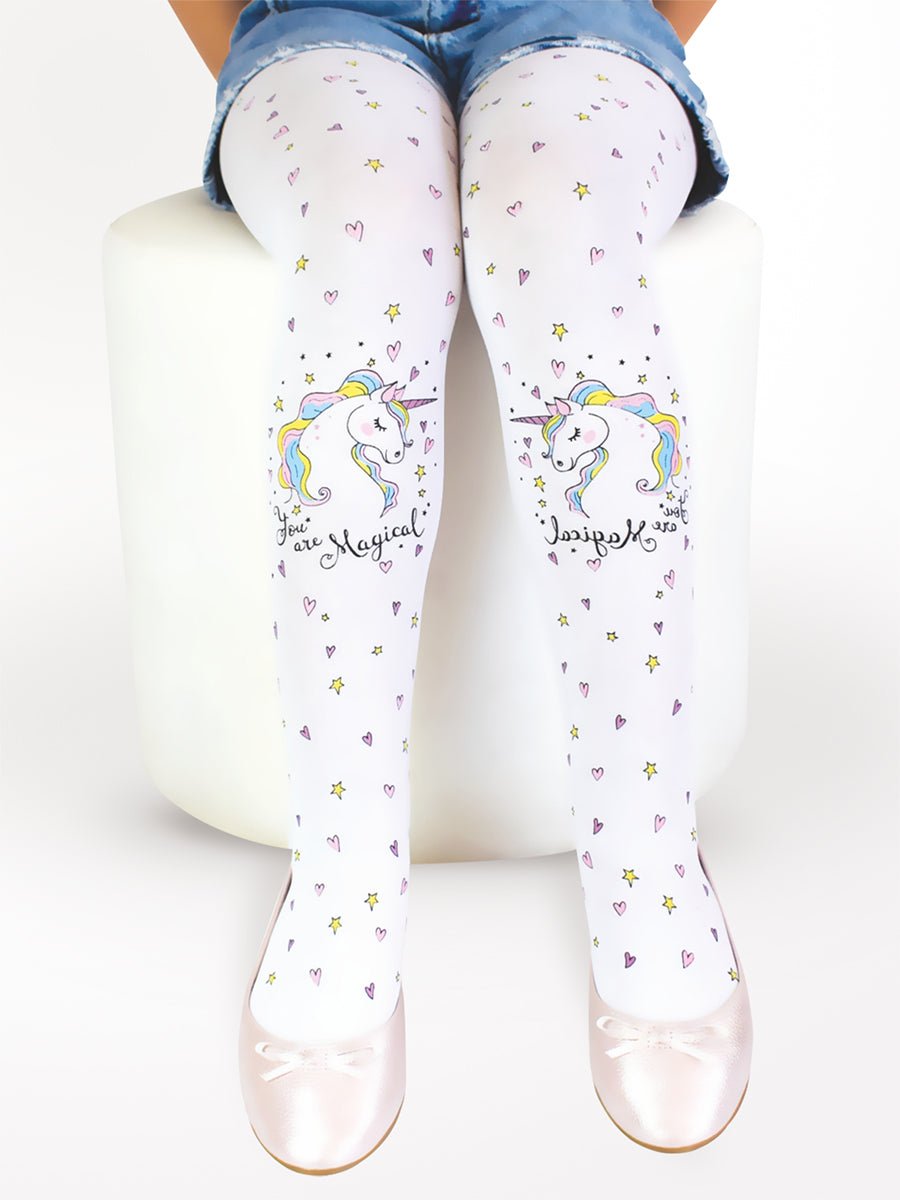 Collant Opaque Fille Motif Licorne 3D – Collants Chauds Hiver Microfibre, Tailles 92-152, Rose/Blanc/Gris