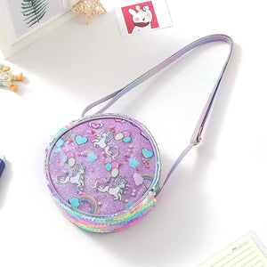 Kids Accessories Summer Lovely Kids Girls Sequin Crossbody Bag 3 Colors Cartoon Printed Round Shoulder Bag with Adjustable Strap MU Group