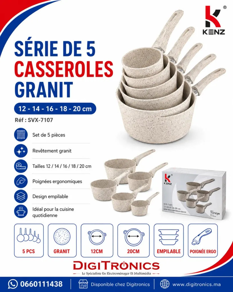Kenz 5 Casseroles en Aluminium Granit Antiadhésif Poignées Bakélite