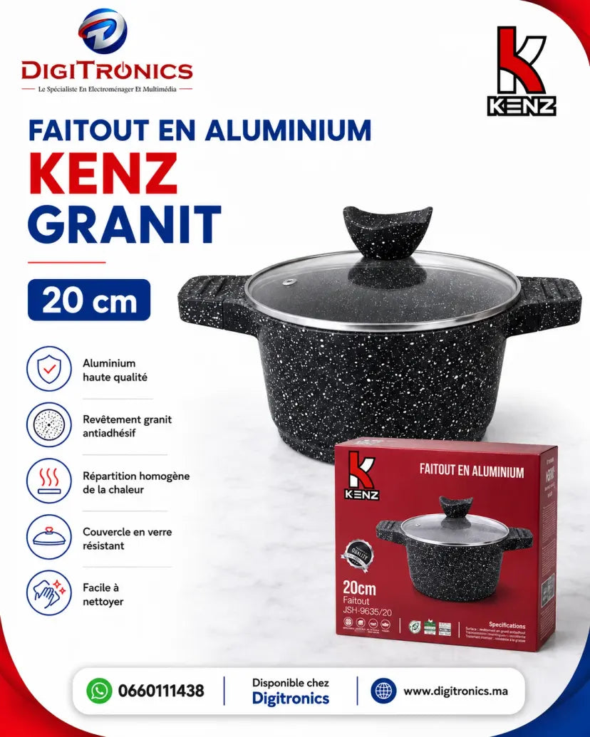 Kenz Faitout en Aluminium 20 cm Couvercle en Verre et Revêtement Granit Antiadhésif