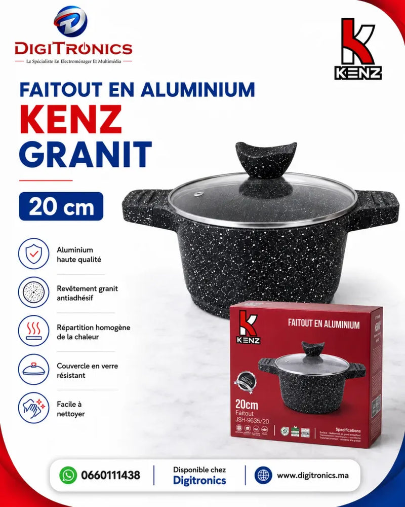 Kenz Faitout en Aluminium 20 cm Couvercle en Verre et Revêtement Granit Antiadhésif