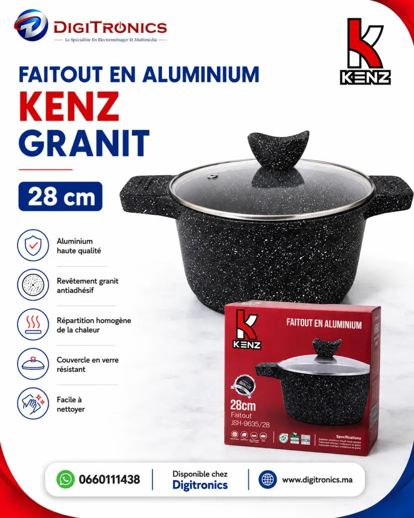 Kenz Faitout en Aluminium 28 cm Couvercle en Verre et Revêtement Granit Antiadhésif,