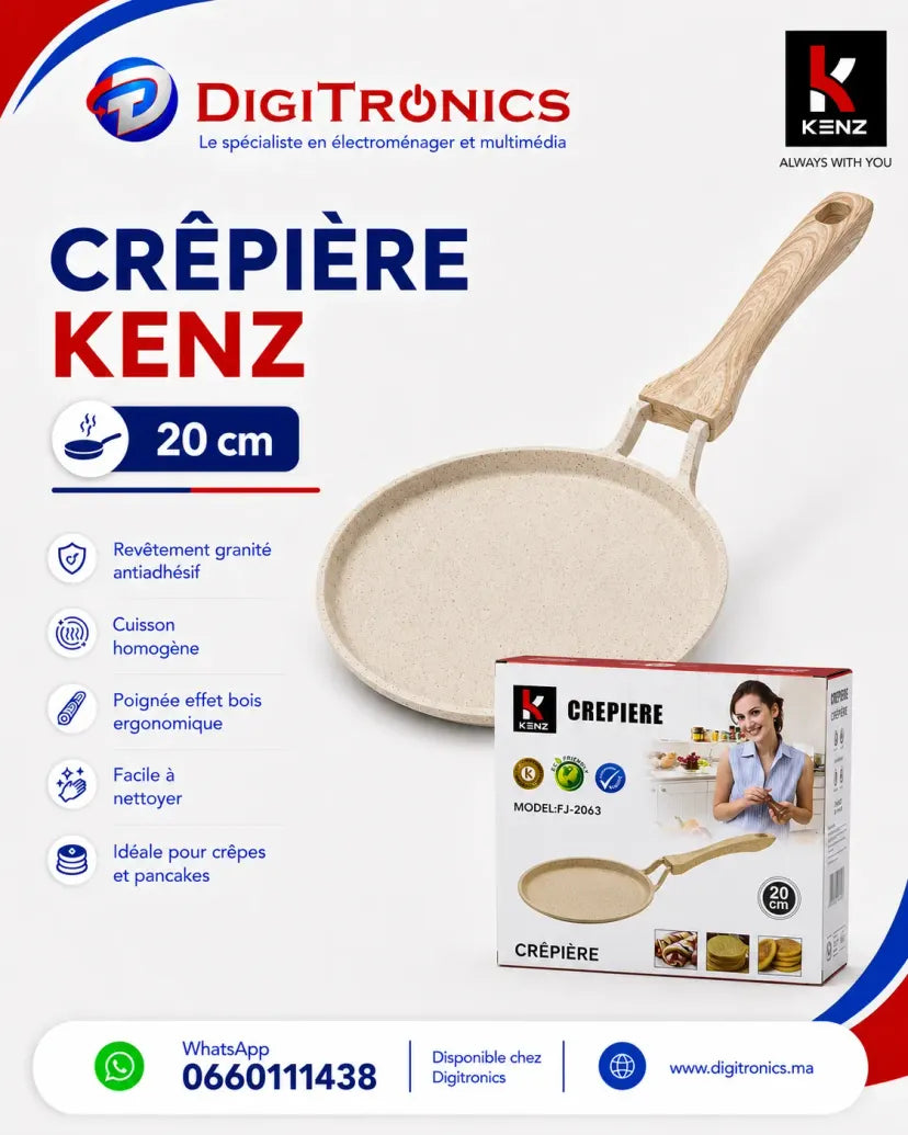 Kenz Poêle à Crêpes 20 cm Antiadhésive avec Revêtement Effet Pierre