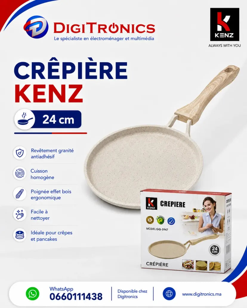 Kenz Poêle à Crêpes 24 cm Antiadhésive Effet Pierre en Aluminium