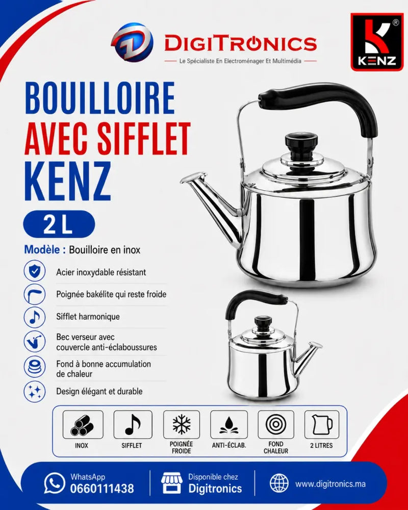 Kenz Bouilloire 2 Litres en Acier Inoxydable avec Sifflet