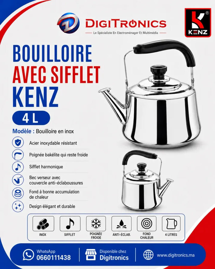 Bouilloire en Acier Inoxydable avec Sifflet 4 Litres