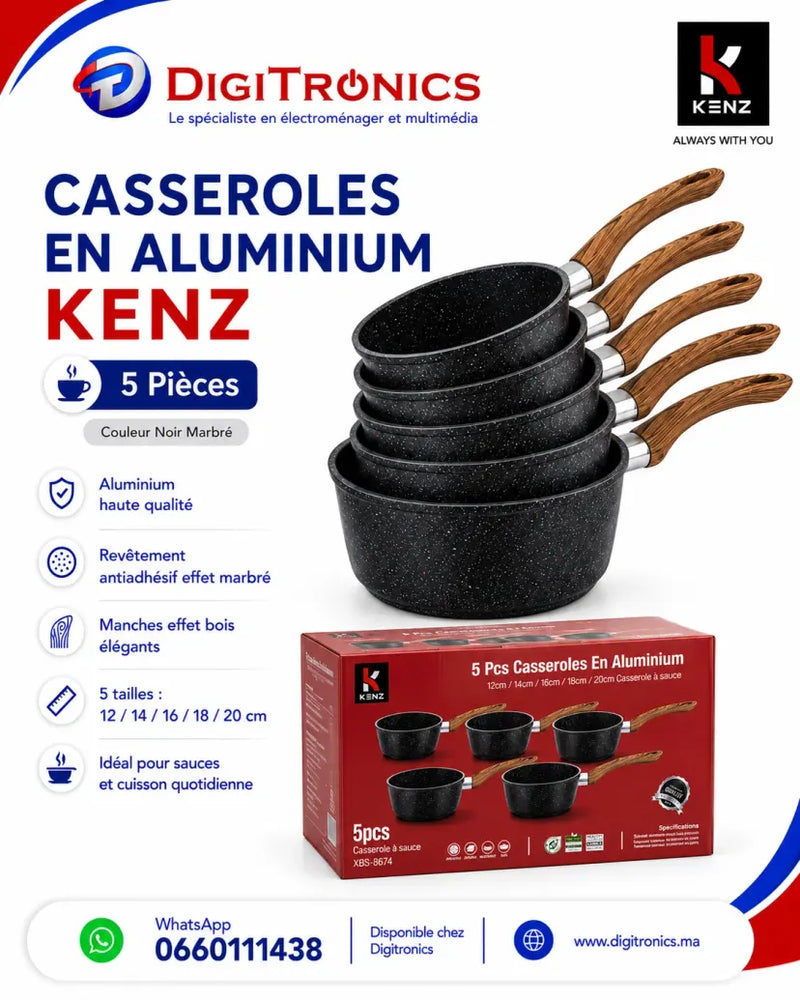 Kenz Set de 5 Casseroles en Aluminium Revêtement Granit Antiadhésif