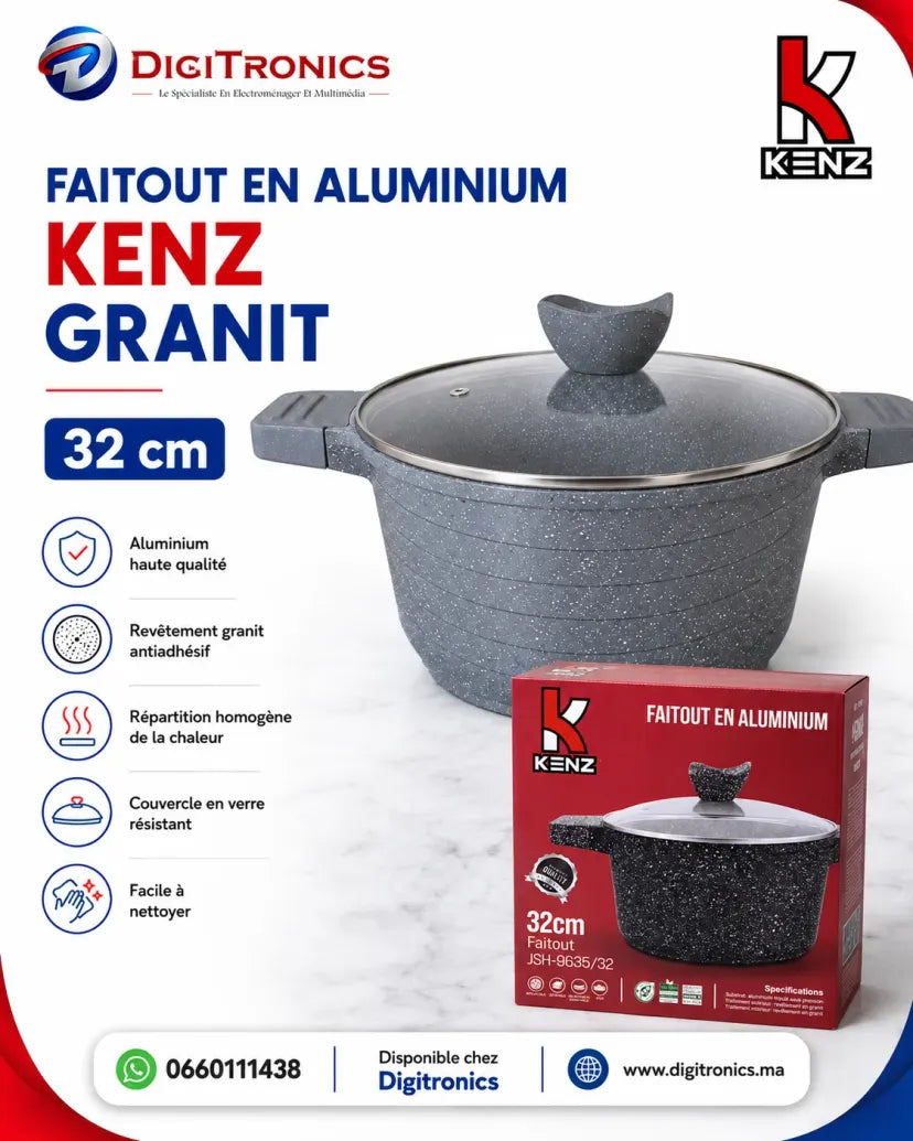 Kenz Faitout en Aluminium 32 cm Couvercle en Verre et Revêtement Granit Antiadhésif,