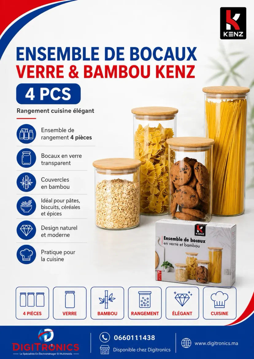 Kenz Ensemble de 4 Bocaux de Conservation en Verre avec Couvercles en Bambou
