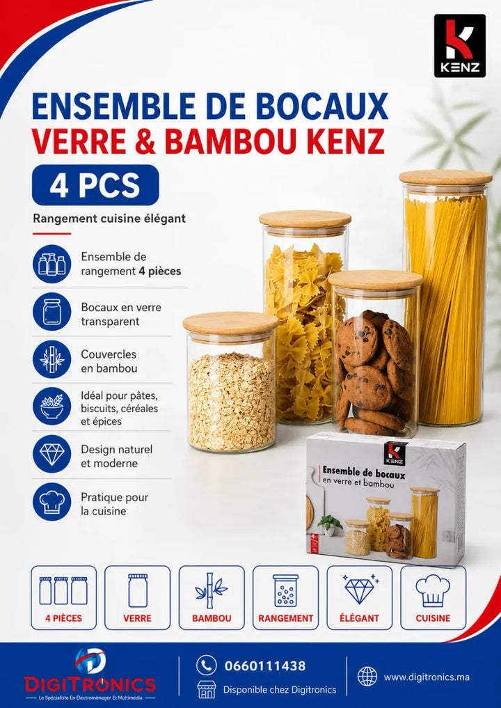 Kenz Ensemble de 4 Bocaux de Conservation en Verre avec Couvercles en Bambou