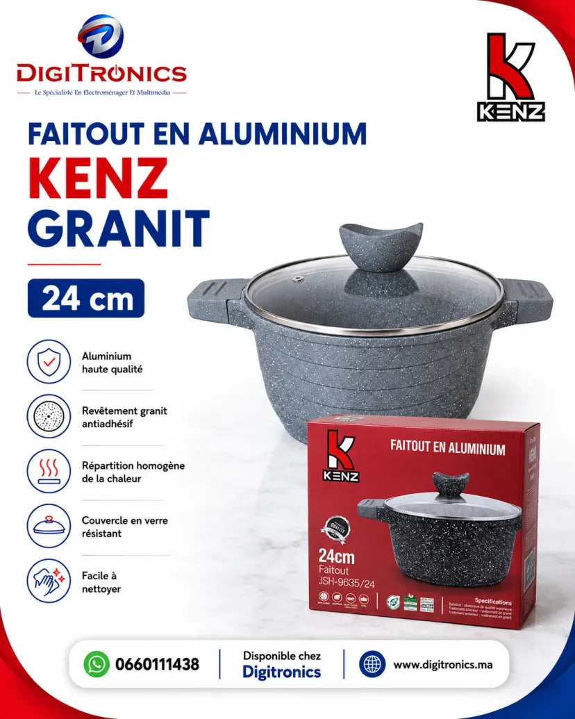 Kenz Faitout en Aluminium 24 cm Couvercle en Verre et Revêtement Granit Antiadhésif,