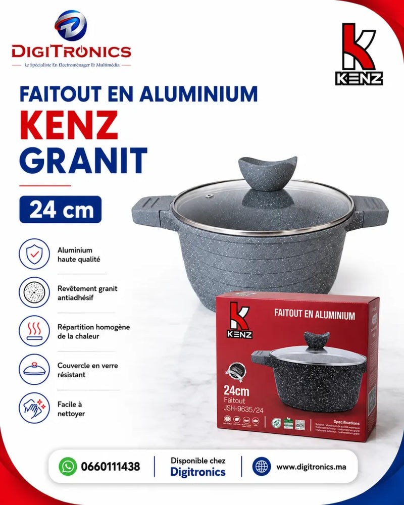 Kenz Faitout en Aluminium 24 cm Couvercle en Verre et Revêtement Granit Antiadhésif,