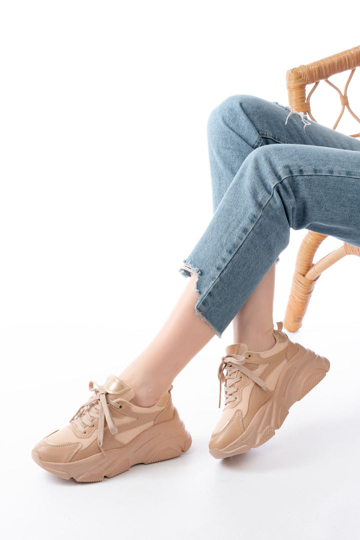 sp-149 Baskets Femme Beige Doré à Plateforme