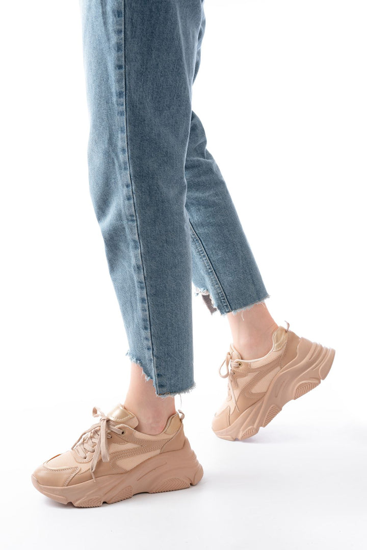 sp-149 Baskets Femme Beige Doré à Plateforme
