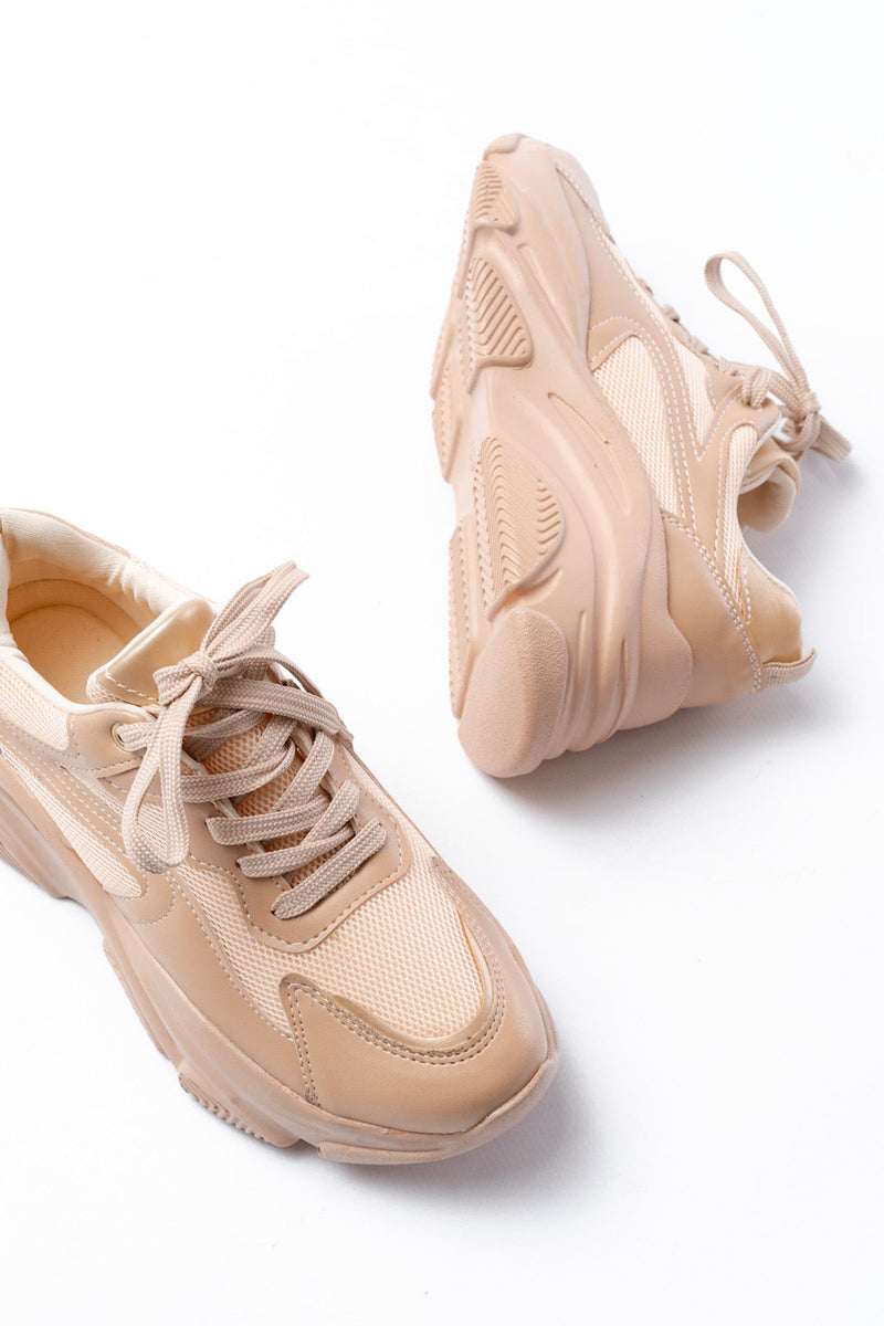 sp-149 Baskets Femme Beige Doré à Plateforme
