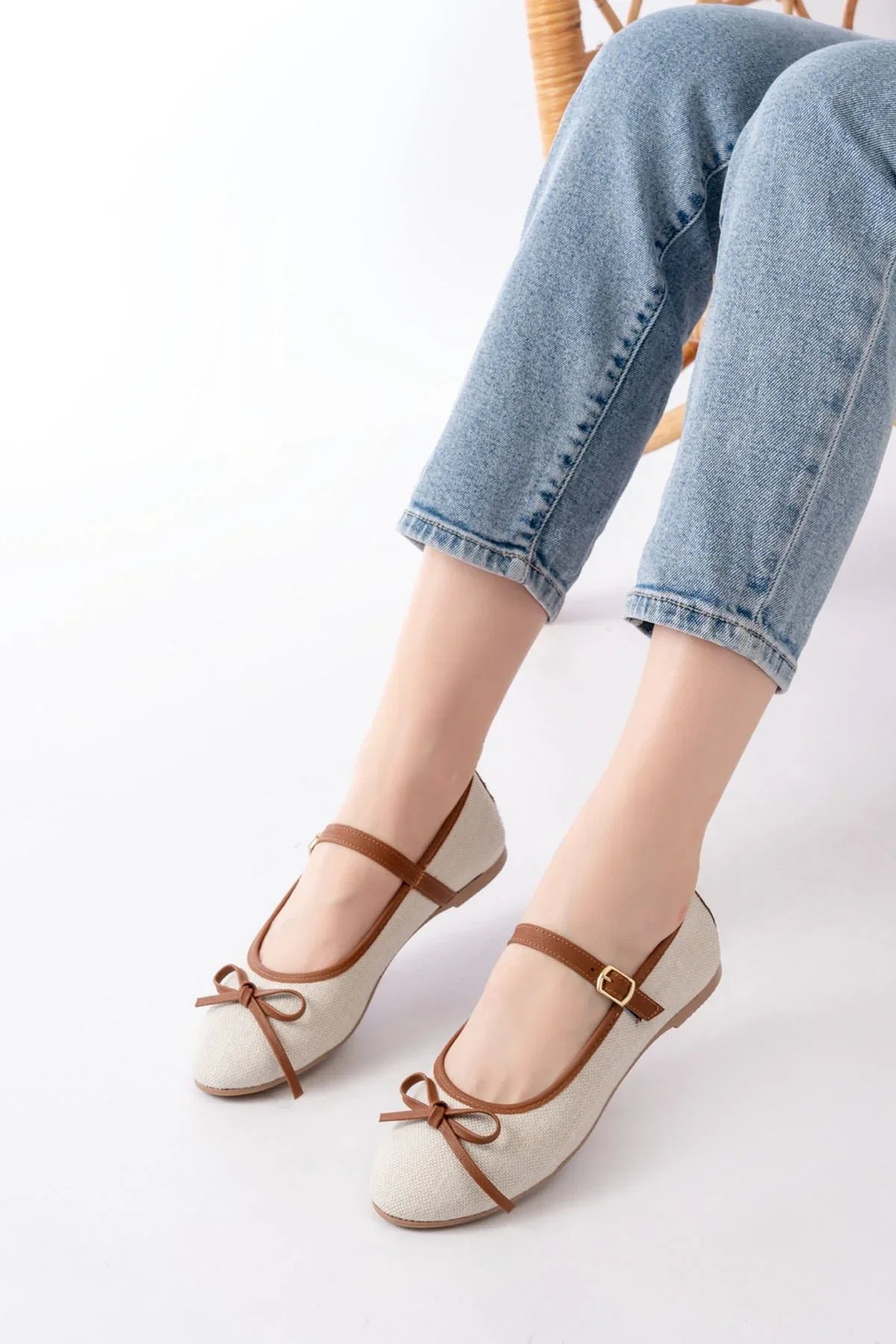 6321 Ballerines femme en tissu effet lin avec bride et boucle - Justyol