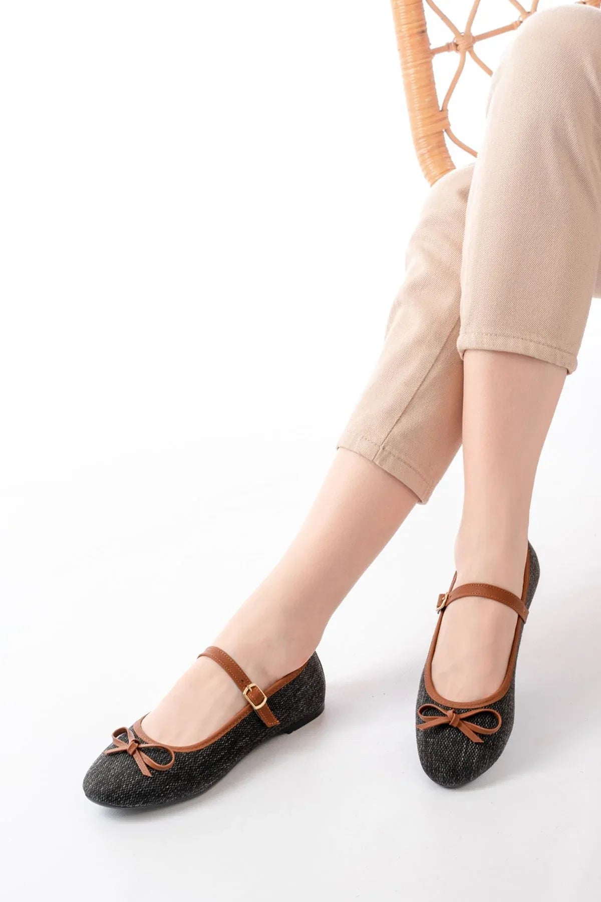 6321 Ballerines femme en tissu effet lin avec bride et boucle - Justyol
