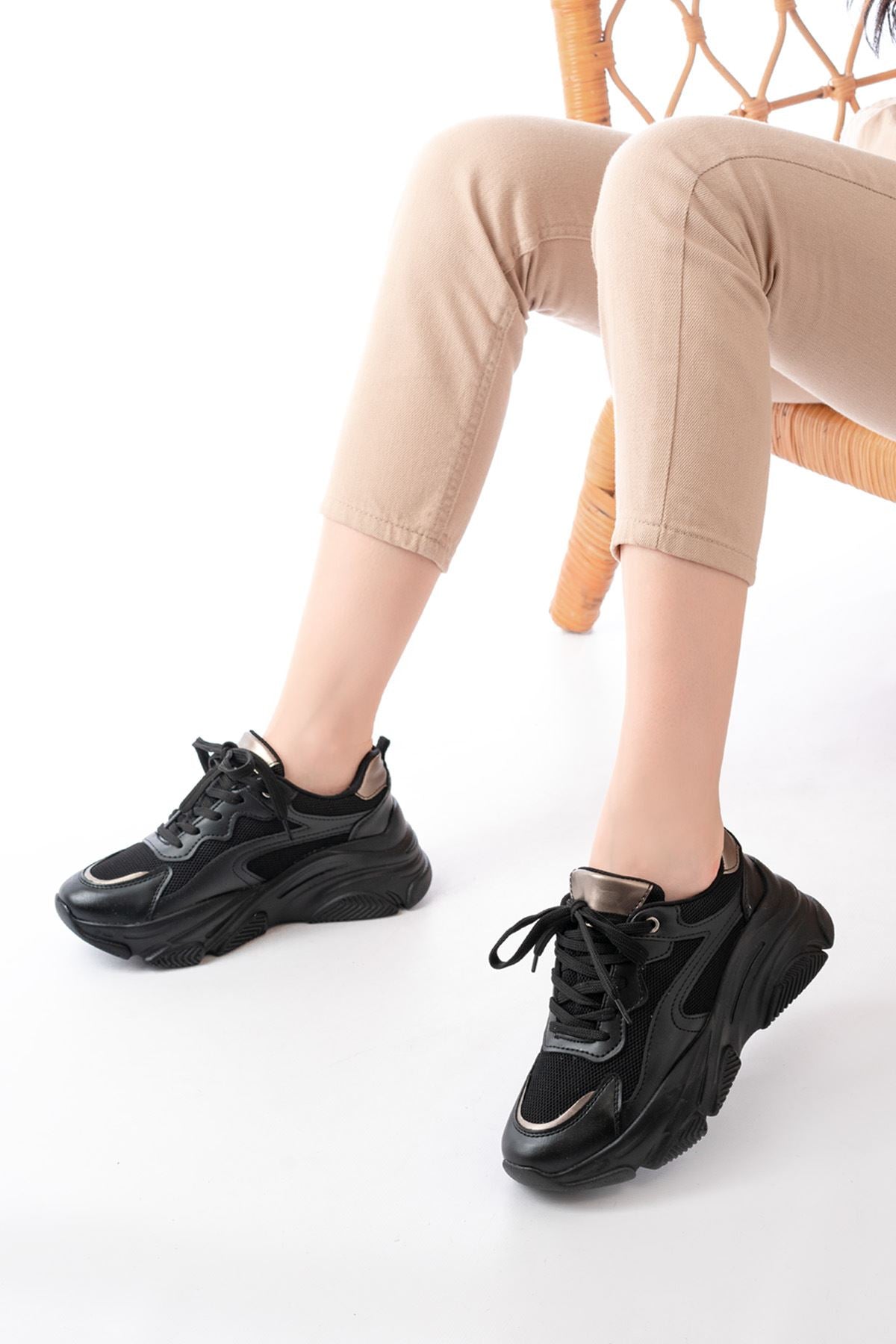 sp - 149 nut gold bağcikli fileli günlük spor ayakkabi - Justyol