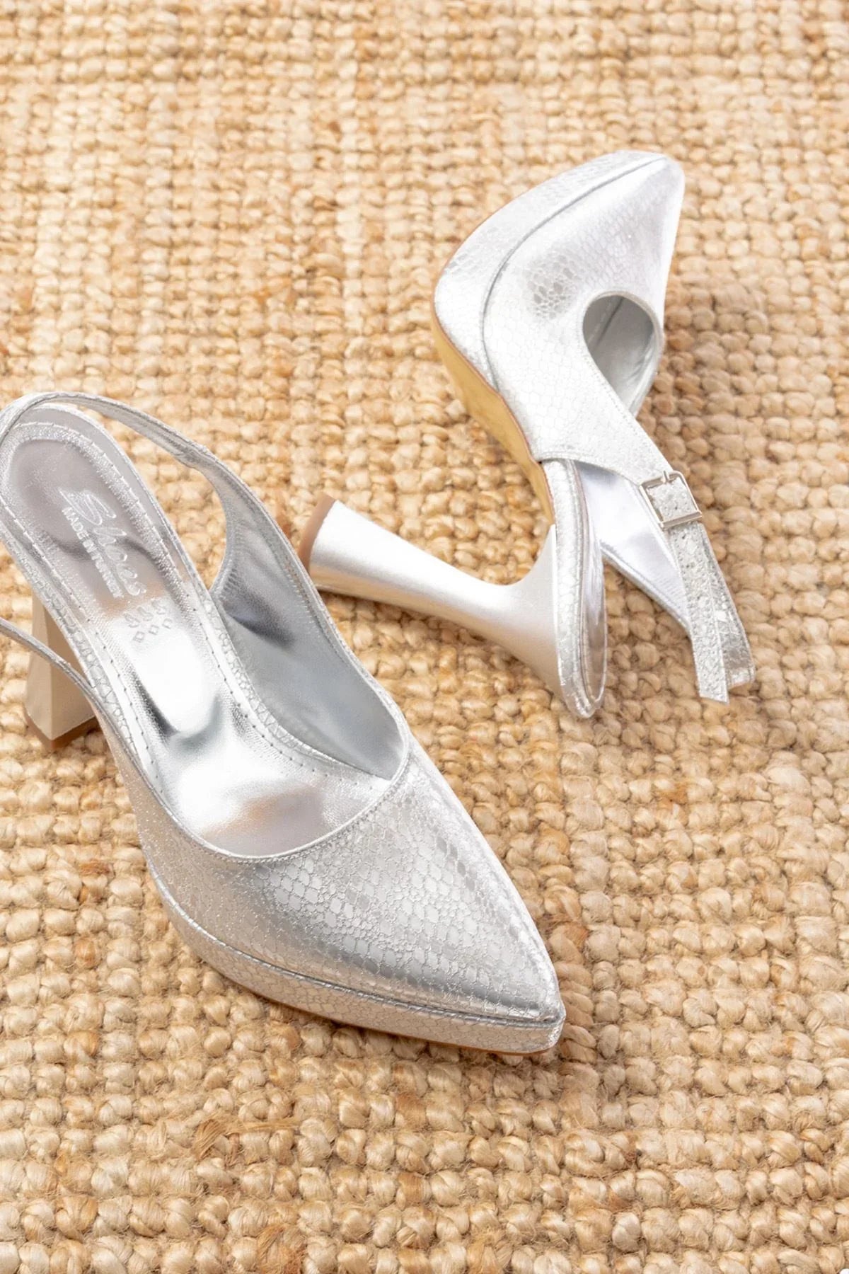 b-2101 Escarpins femme argentés à talon haut avec plateforme et bride arrière - Justyol