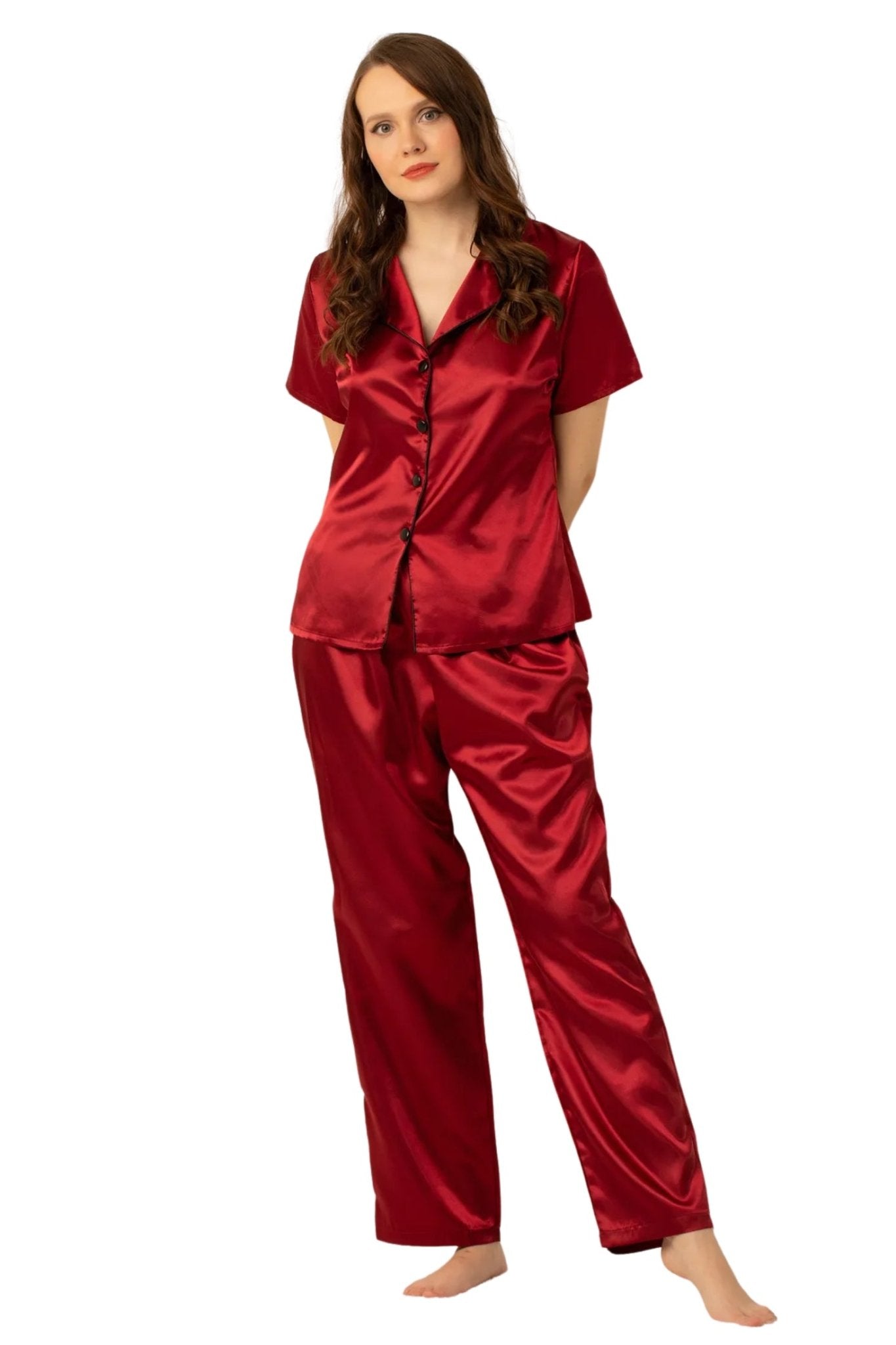 faryanight saten kisa kollu düğmeli gömlek pijama takimi - Justyol