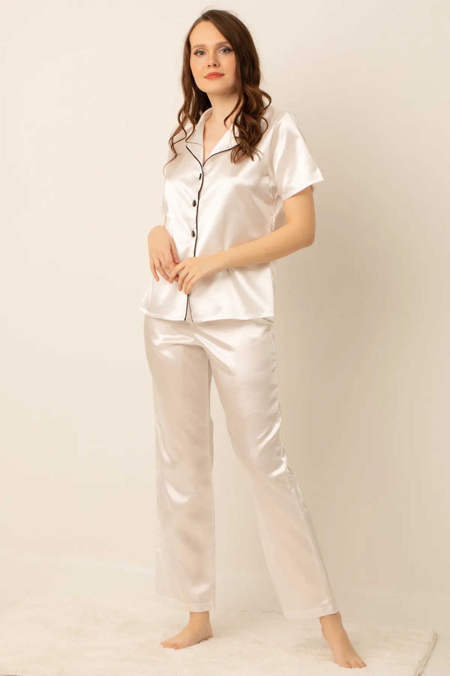 faryanight saten kisa kollu düğmeli gömlek pijama takimi - Justyol