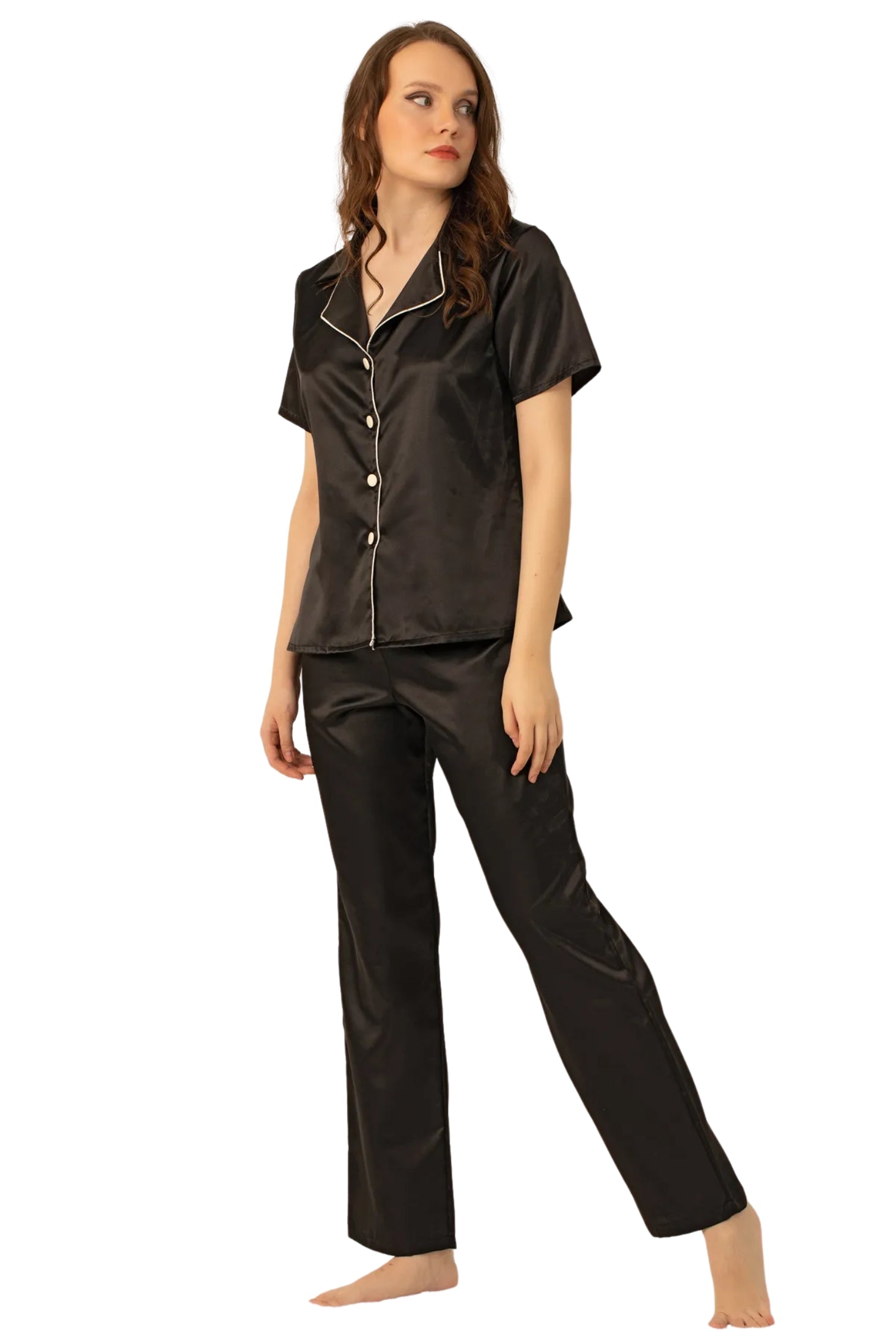 faryanight saten kisa kollu düğmeli gömlek pijama takimi - Justyol