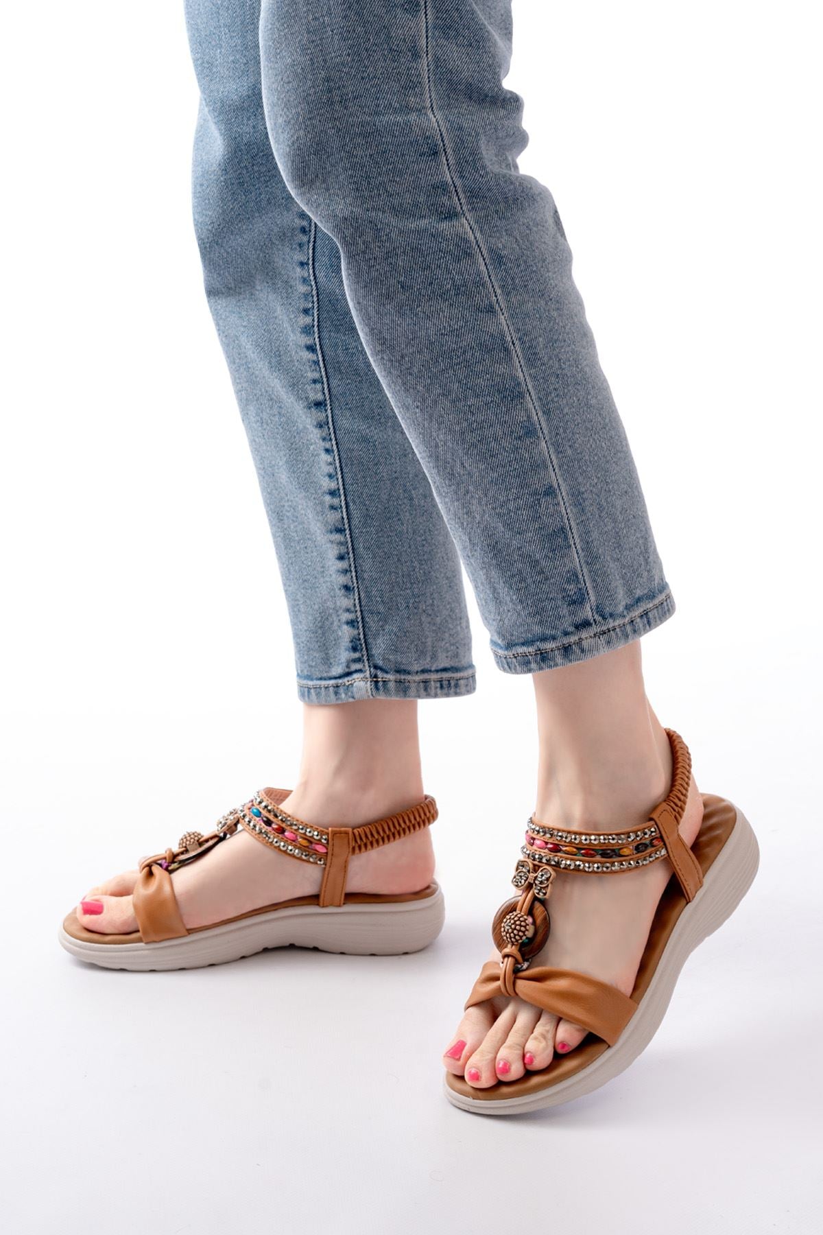 dm - 608taşli arka lastikli günlük kadin sandalet - Justyol