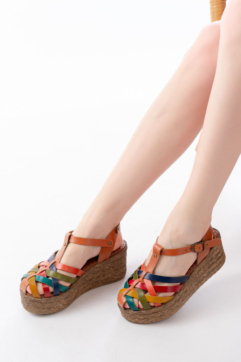 Sandales Compensées Femme en Cuir Véritable Orthopédiques 7 cm