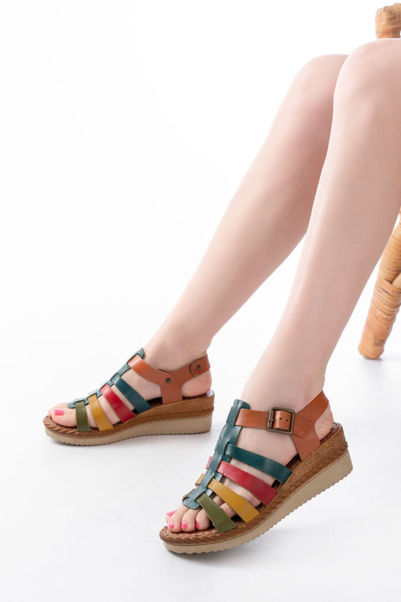 731-204 Sandales femme à talon compensé en cuir véritable
