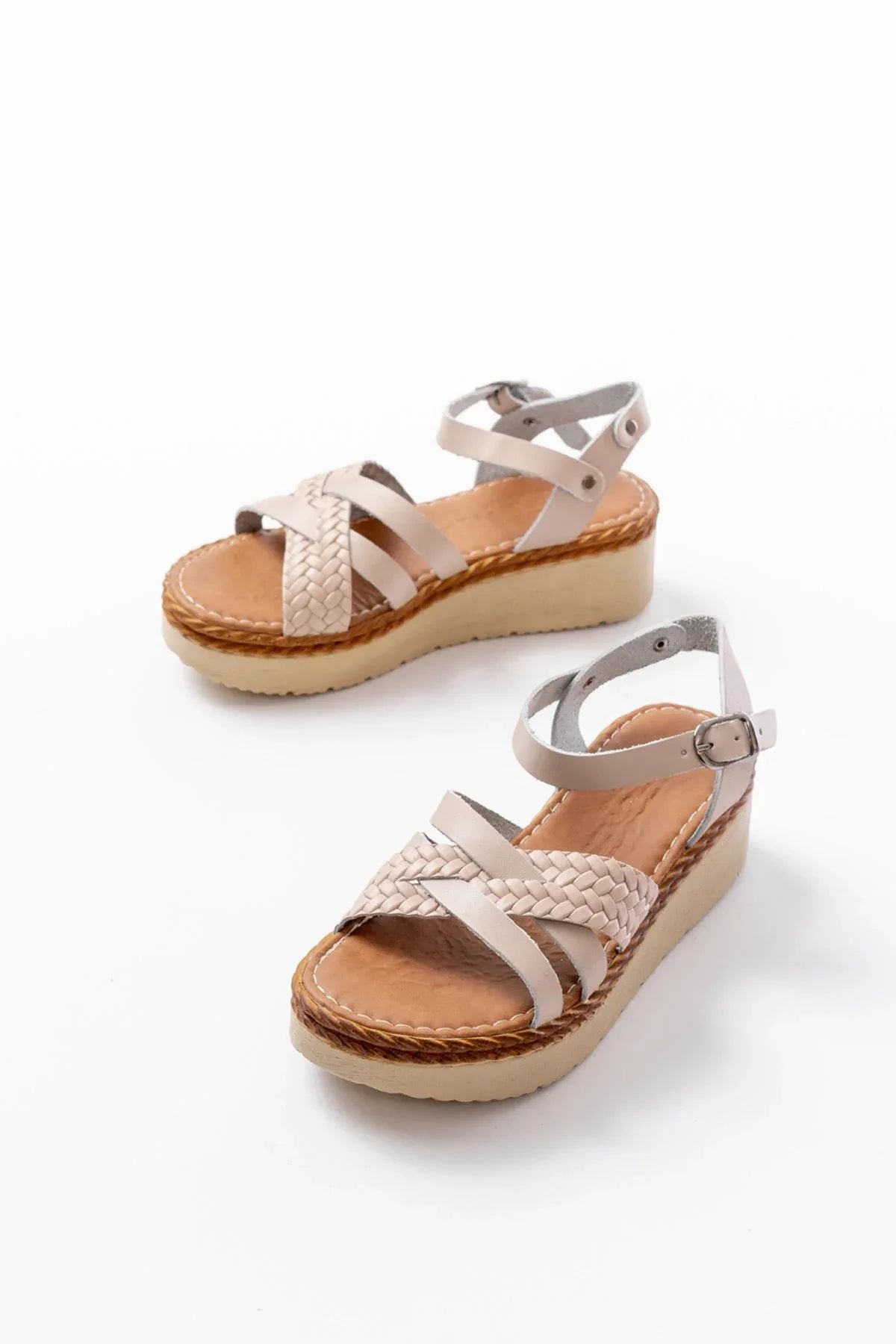 730-138Sandales femme en cuir véritable à semelle orthopédique tressée - Justyol