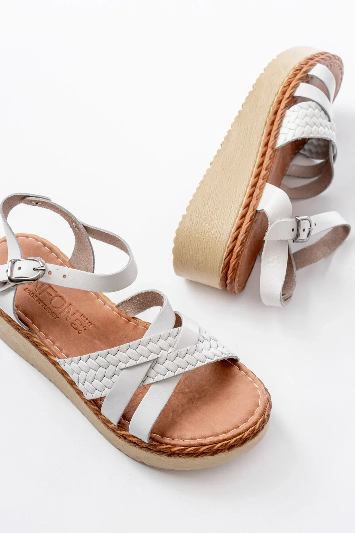 730-138Sandales femme en cuir véritable à semelle orthopédique tressée - Justyol