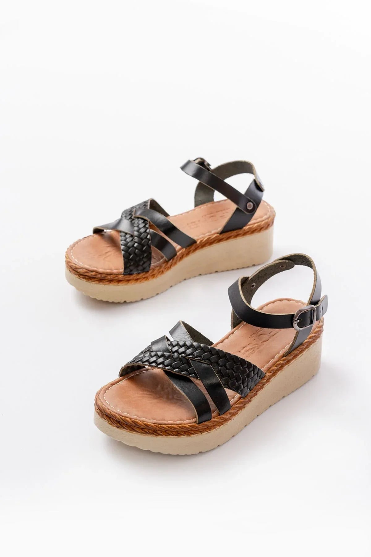 730-138Sandales femme en cuir véritable à semelle orthopédique tressée - Justyol