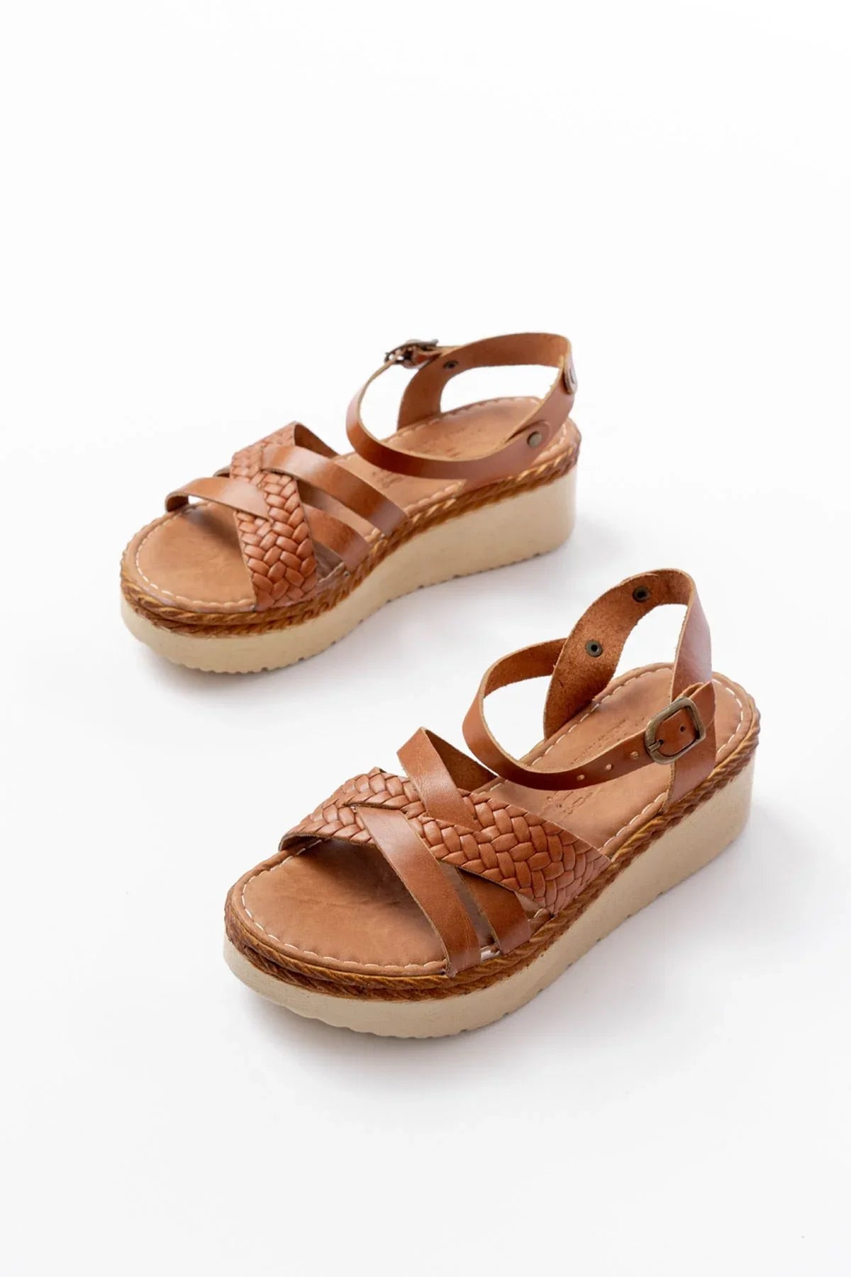 730-138Sandales femme en cuir véritable à semelle orthopédique tressée - Justyol
