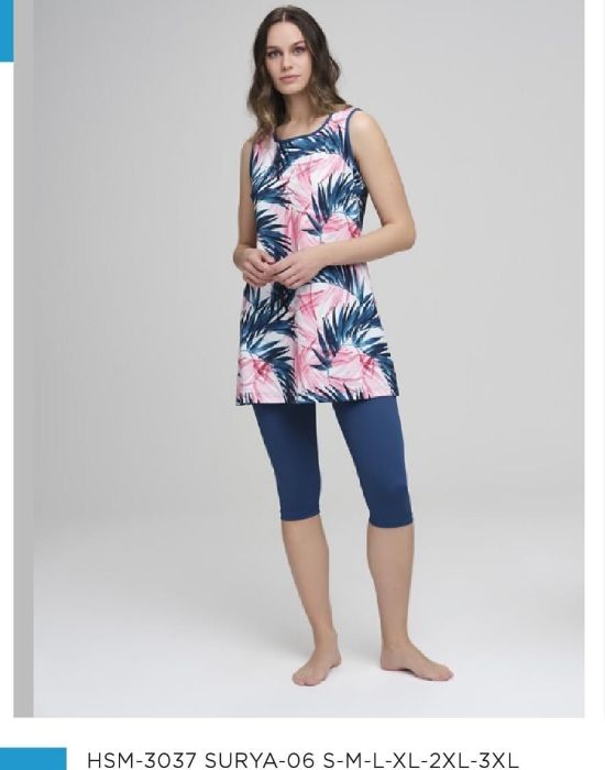 <tc>Maillot de Bain Modeste Haşema Vert à Motif Feuilles Colorées sans Manches</tc>