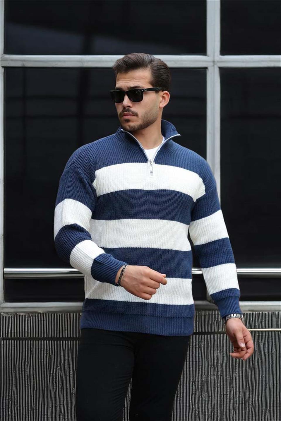 Pull Homme Pedro Rayé Demi-Zip en Maille Selanik
