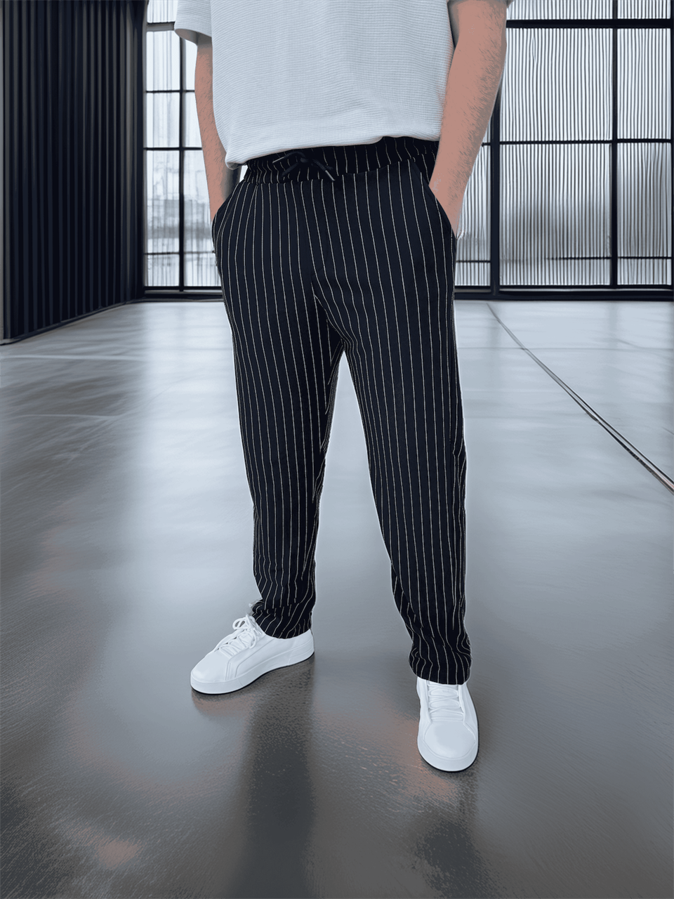 krep kumaş çizgili rahat kalip erkek pantolon - Justyol