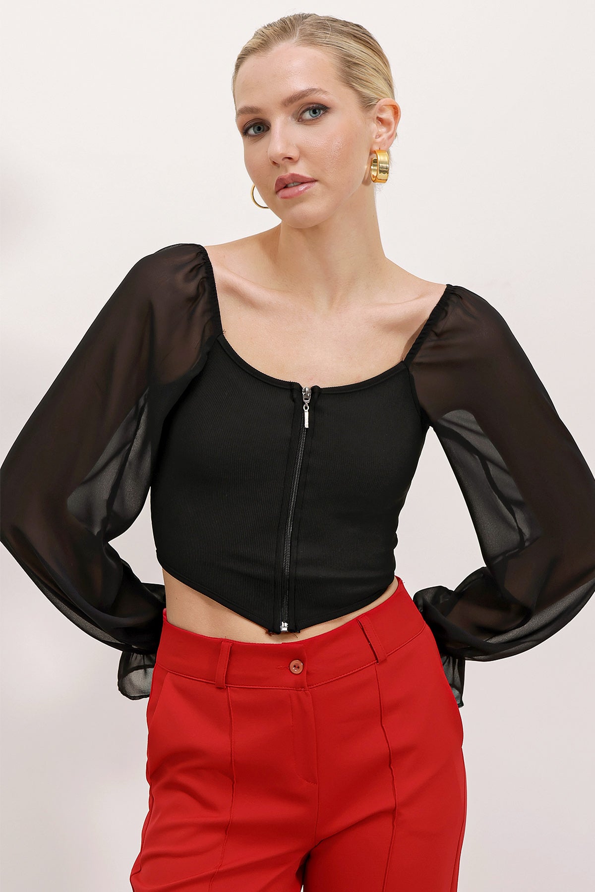 <tc>Blouse en chiffon femme à fermeture éclair devant 0496</tc>