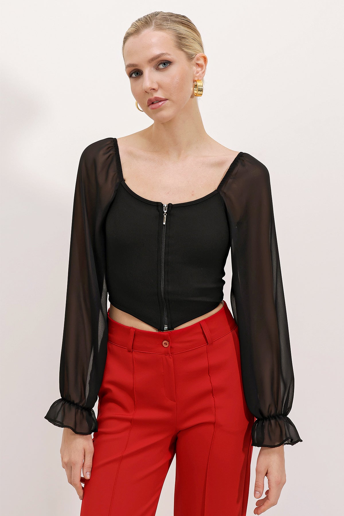 <tc>Blouse en chiffon femme à fermeture éclair devant 0496</tc>