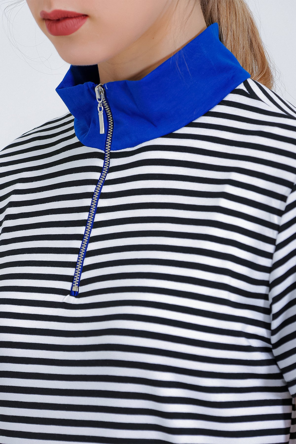 kadinpolo yaka fermuarli çizgili tişört 0497 - Justyol