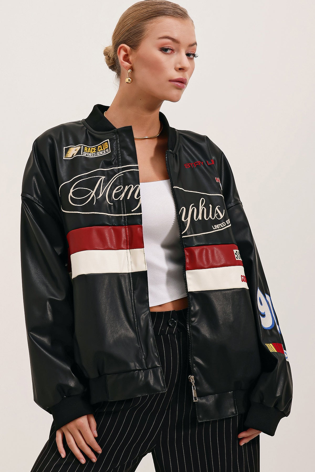 <tc>Veste bomber en simili cuir imprimée 0698.</tc>