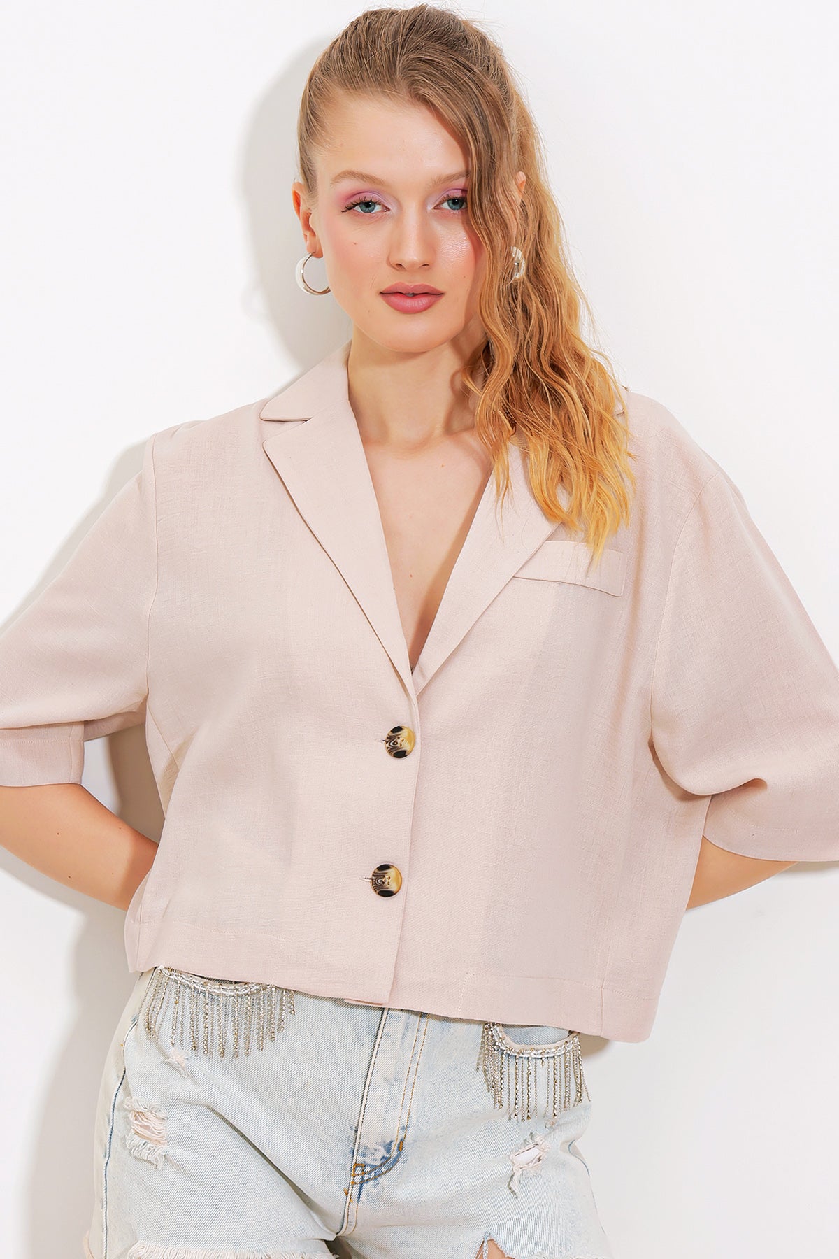 kadinçift düğmeli oversize crop keten ceket 0706