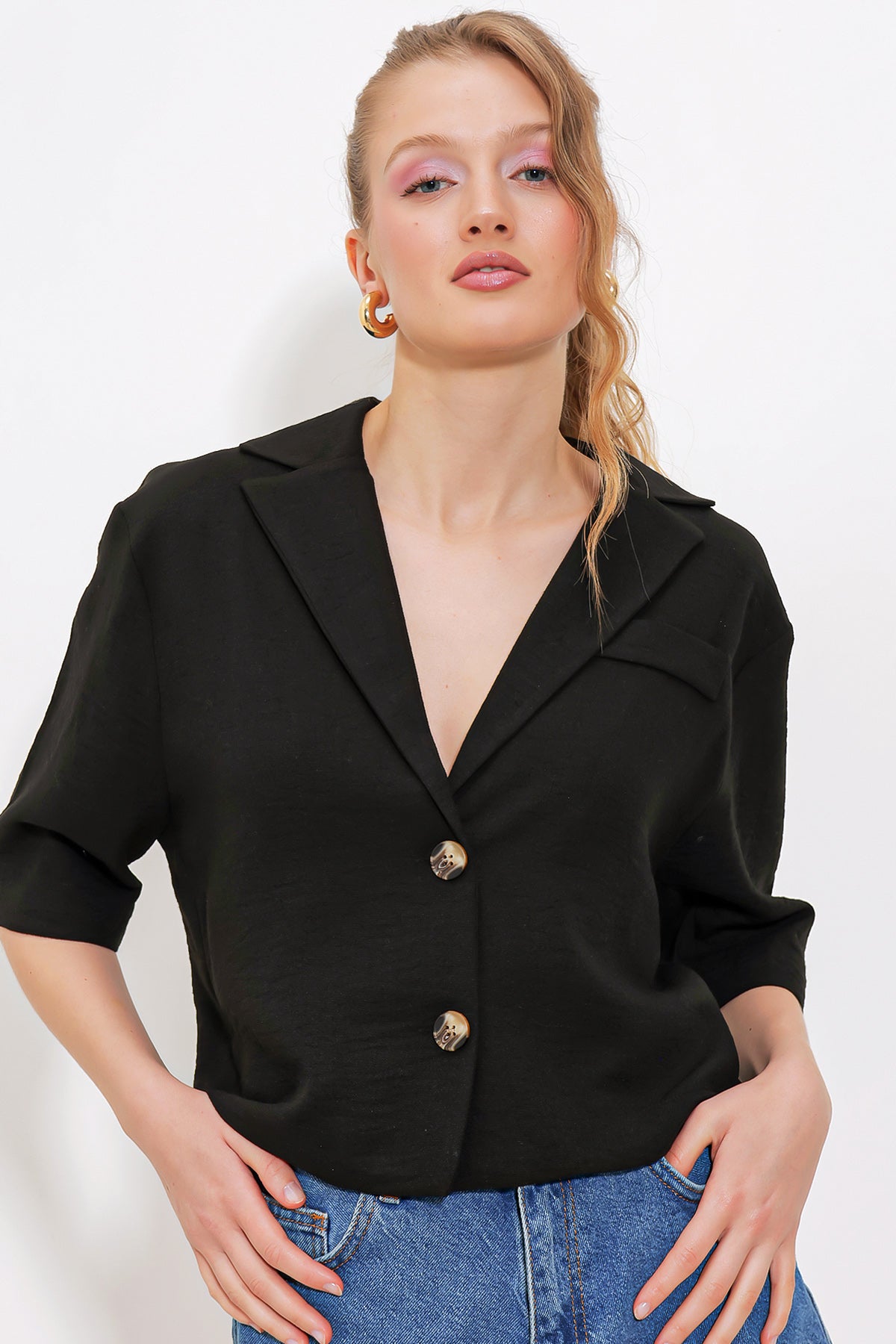 kadinçift düğmeli oversize crop keten ceket 0706