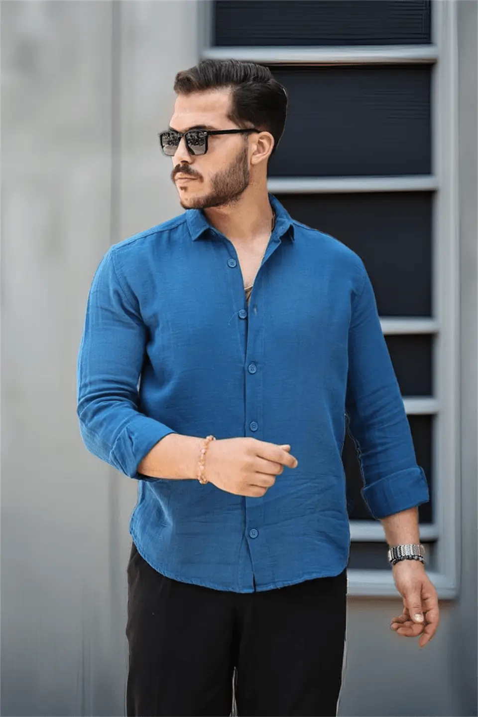 nefes alabilir yarim oversize müslin kumaş uzun kol yakali erkek gömlek - Justyol