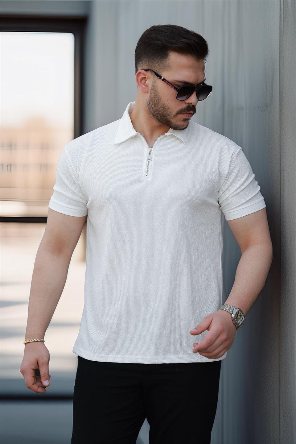 likrali örme yarim fermuar polo yaka erkek tişört - Justyol
