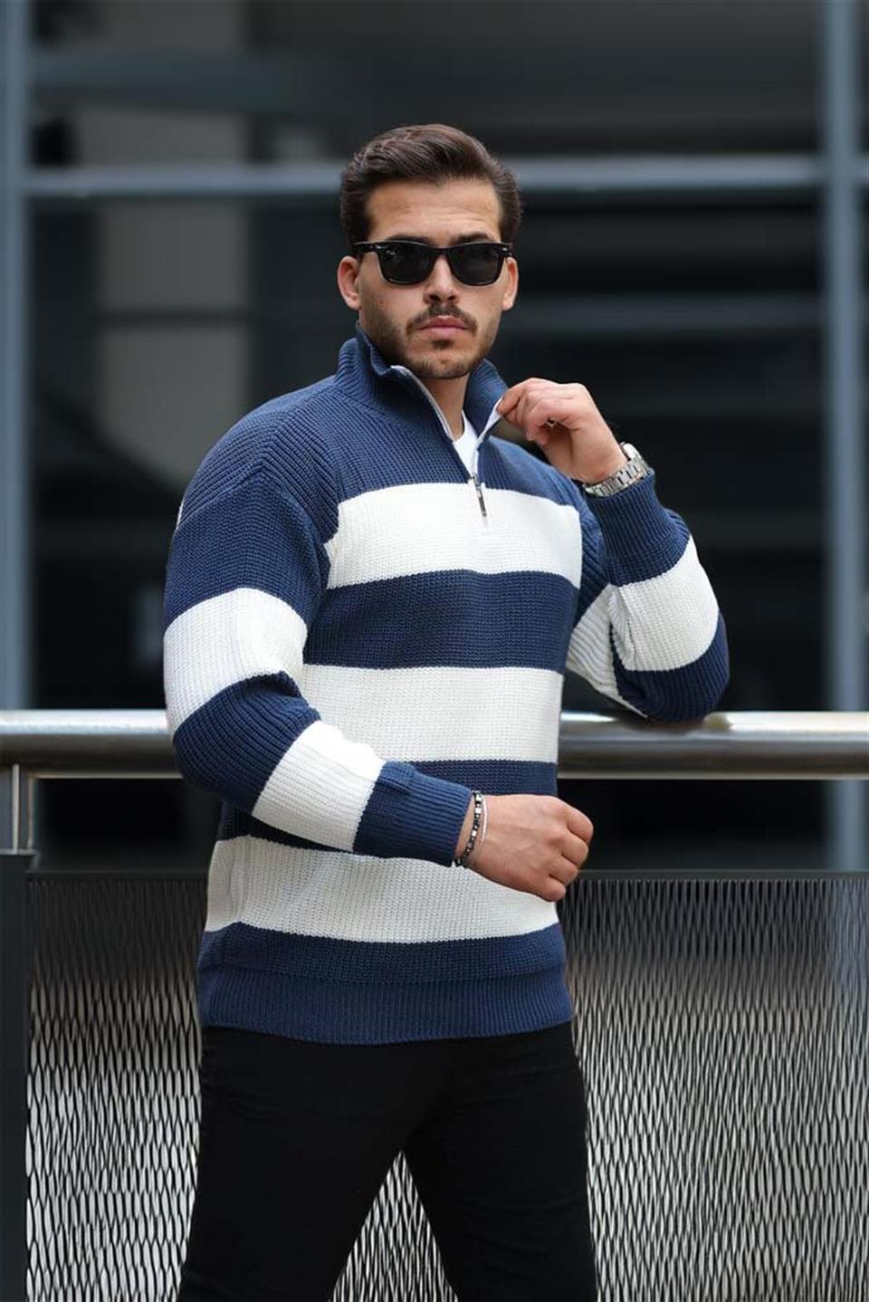 Pull Homme Pedro Rayé Demi-Zip en Maille Selanik