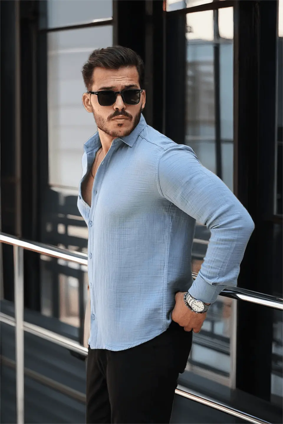 nefes alabilir yarim oversize müslin kumaş uzun kol yakali erkek gömlek - Justyol